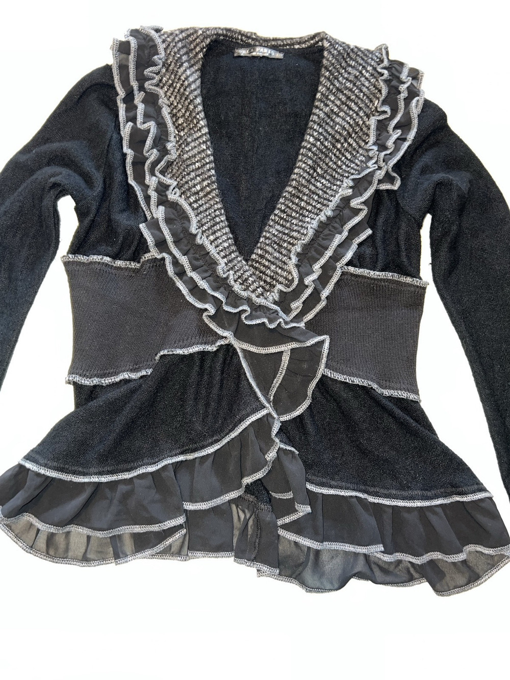 Forla Paris Black and Gray Ruffles Sweater Cardigan-Women's Medium/Large